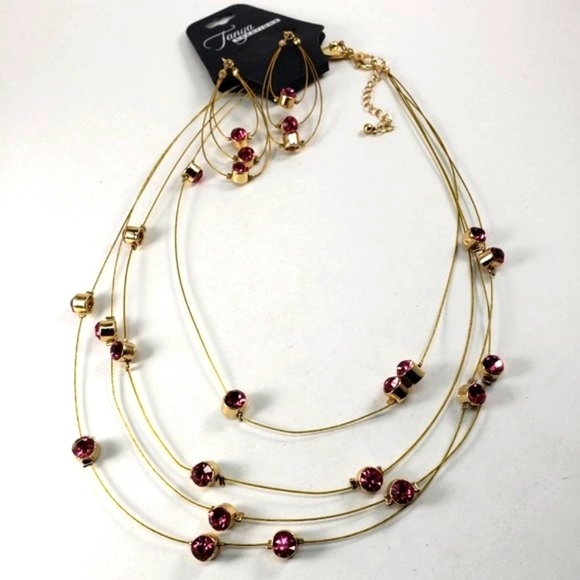 Gold tone Layered Pink Crystal Statement Necklace with Matching Earrings - Women - Picture 1 of 9